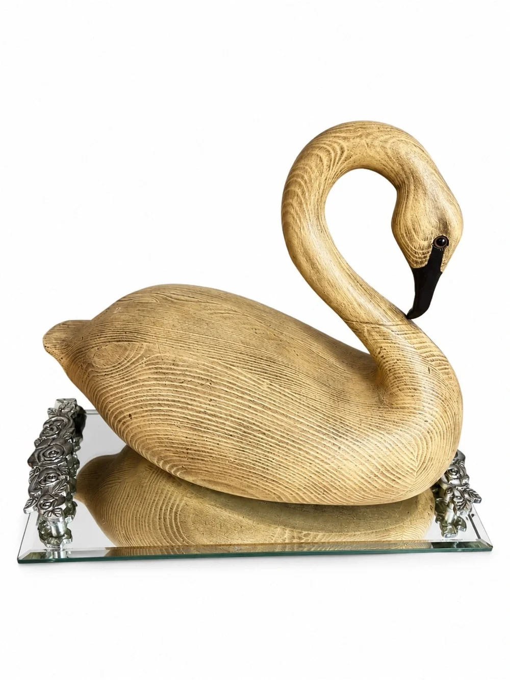 Vintage Large Faux Wood Grain Swan Sculpture Mid-Century Modern Coastal